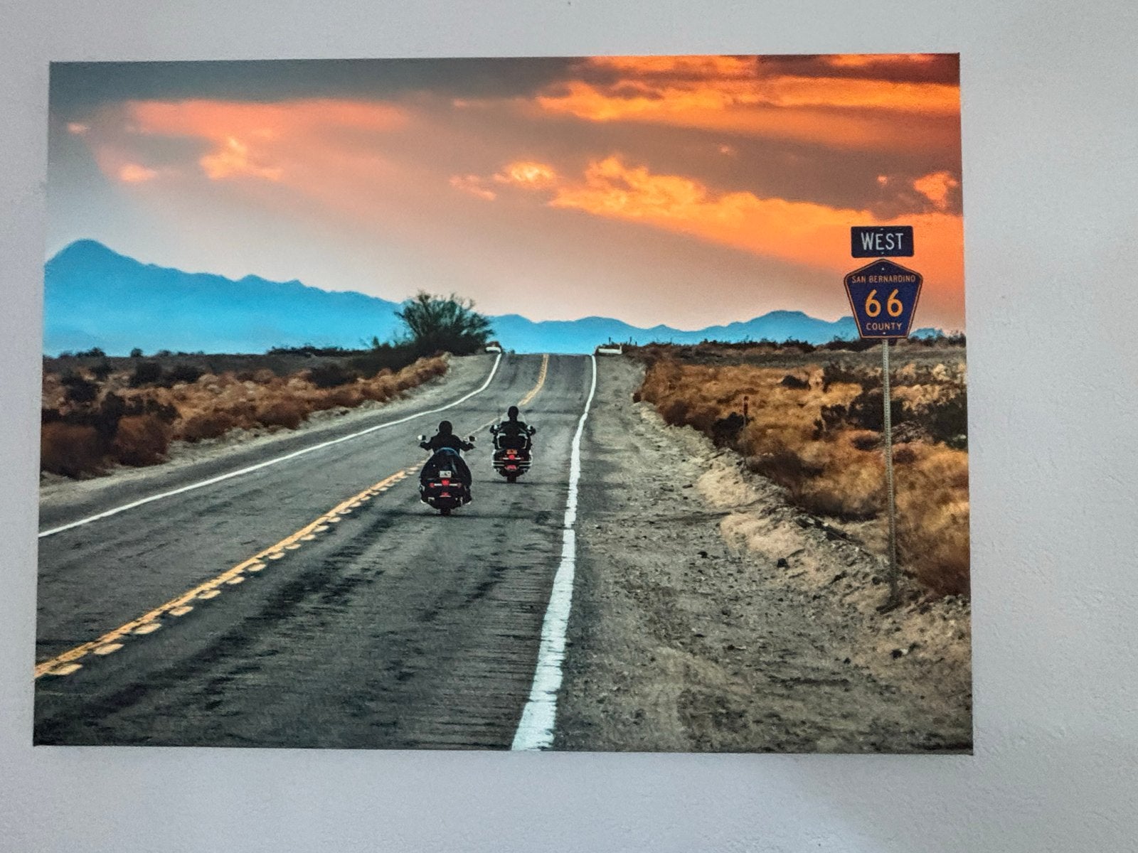 Canvas schilderij Route 66 met motoren - 120x90 cm, Huis en Inrichting, Ophalen, Zo goed als nieuw, Schilderij, 100 tot 125 cm