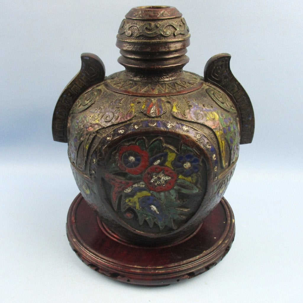 Japans brons cloisonne vaas met houten onder schotel, Antiek en Kunst, Ophalen of Verzenden