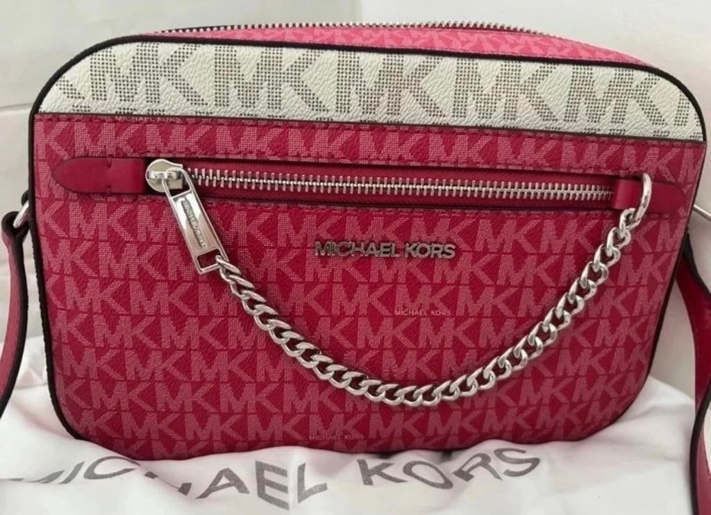 Michael Kors Schoudertasje - Roze/Wit Monogram, Sieraden, Tassen en Uiterlijk, Tassen | Damestassen, Ophalen of Verzenden, Zo goed als nieuw