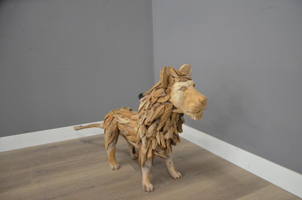 Handgemaakte Leeuw van Teakhout, Houtsnijwerk, Verzenden, 50 - 100 cm, Hout