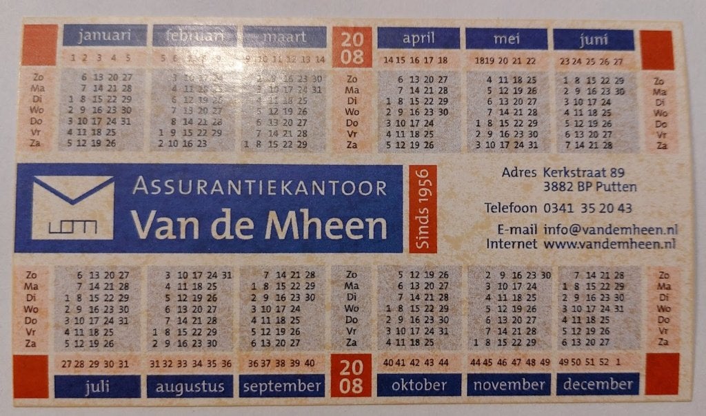 Reclamekalender 2008 v.d.Mheen [6023]  [VeovMe], Verzamelen, Merken en Reclamevoorwerpen, Zo goed als nieuw, Overige typen, Ophalen of Verzenden