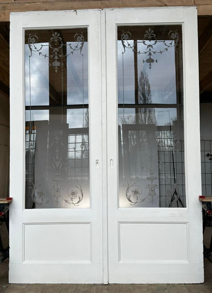 Prachtige set geëtste kamer ensuite schuifdeuren uit 1905, Doe-het-zelf en Verbouw, Deuren en Horren, Ophalen, 215 cm of meer