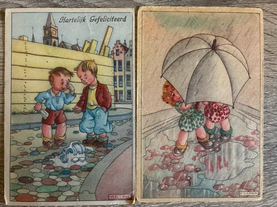 2 Oude Ansichtkaarten Karel Links, Ophalen of Verzenden, 1940 tot 1960, Gelopen