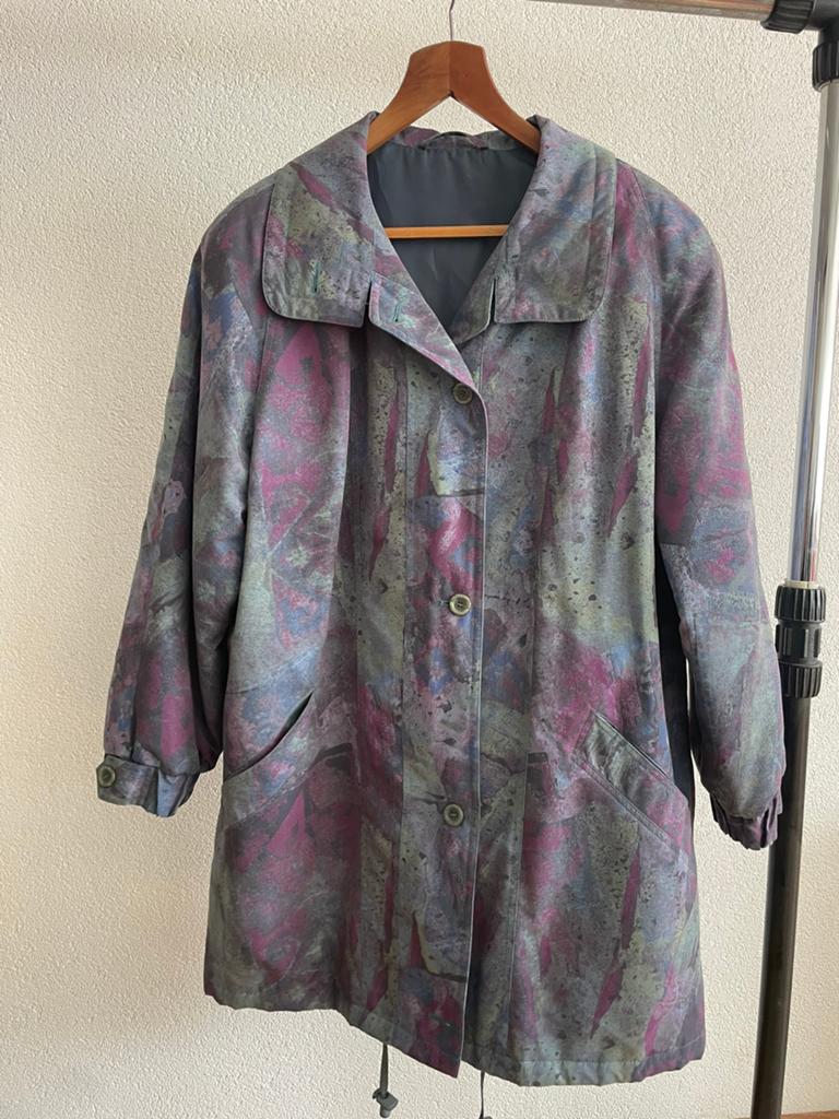 Vintage Delmod jas Jaren 80 - Paars/Groen Abstract Patroo, Kleding | Dames, Jassen | Winter, Zo goed als nieuw, Paars, Ophalen of Verzenden