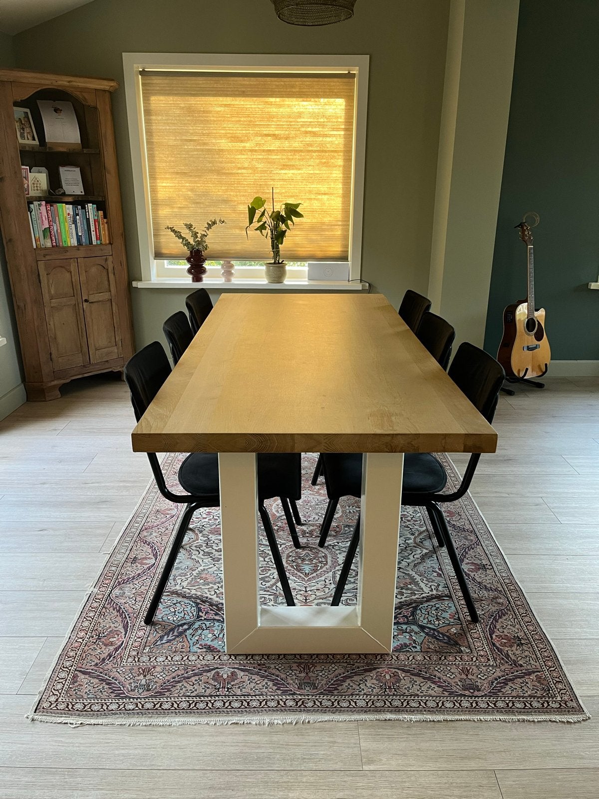 Massief eikenhouten eettafel met stalen poten (200x90cm), Ophalen, Gebruikt, Eikenhout, 200 cm of meer