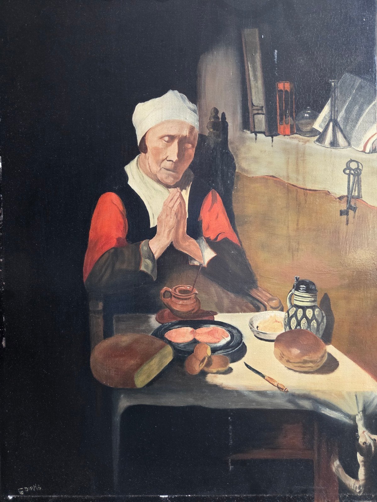 Olieverfschilderij: Biddende Vrouw aan Tafel, Antiek en Kunst, Doek, Portret of Personen, Ophalen of Verzenden, Olieverf
