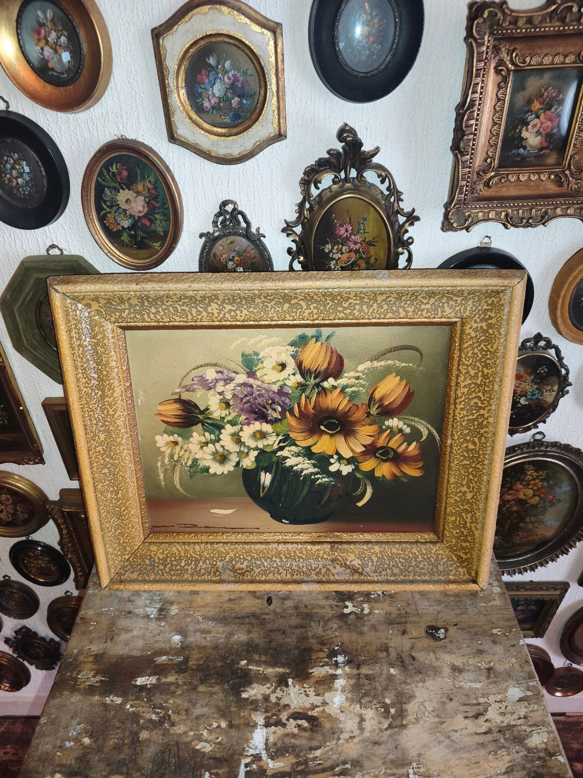 oud olieverf schilderij olieverfschilderij doek bloemen Y91, Ophalen of Verzenden
