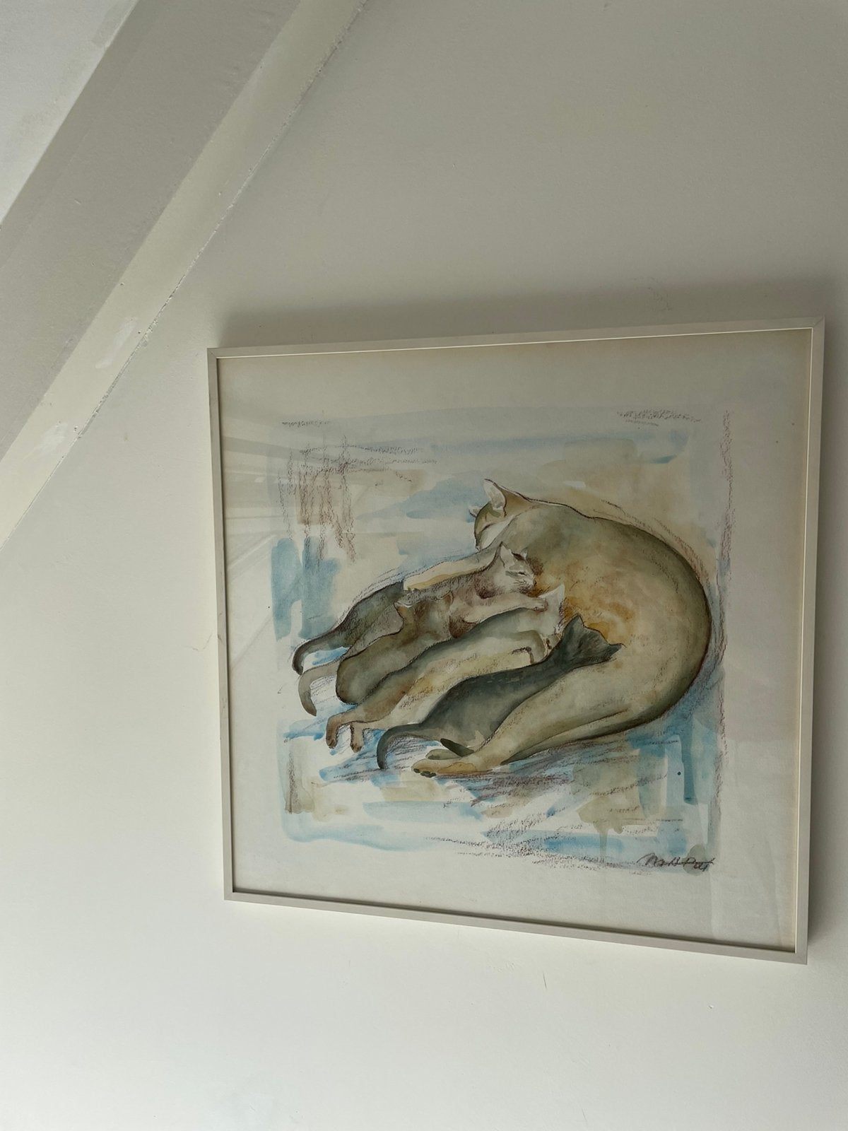 Aquarel moederkat met kittens – gesigneerd, 1990 – ingelijst, Antiek en Kunst, Kunst | Schilderijen | Klassiek, Ophalen of Verzenden