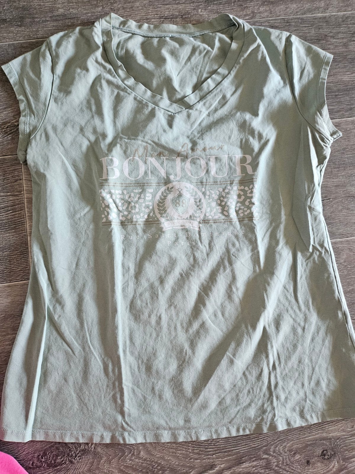 Groen T-shirt met 'Bonjour' opdruk - Maat XXL, Maat 46/48 (XL) of groter, Ophalen of Verzenden, Onbekend, Korte mouw