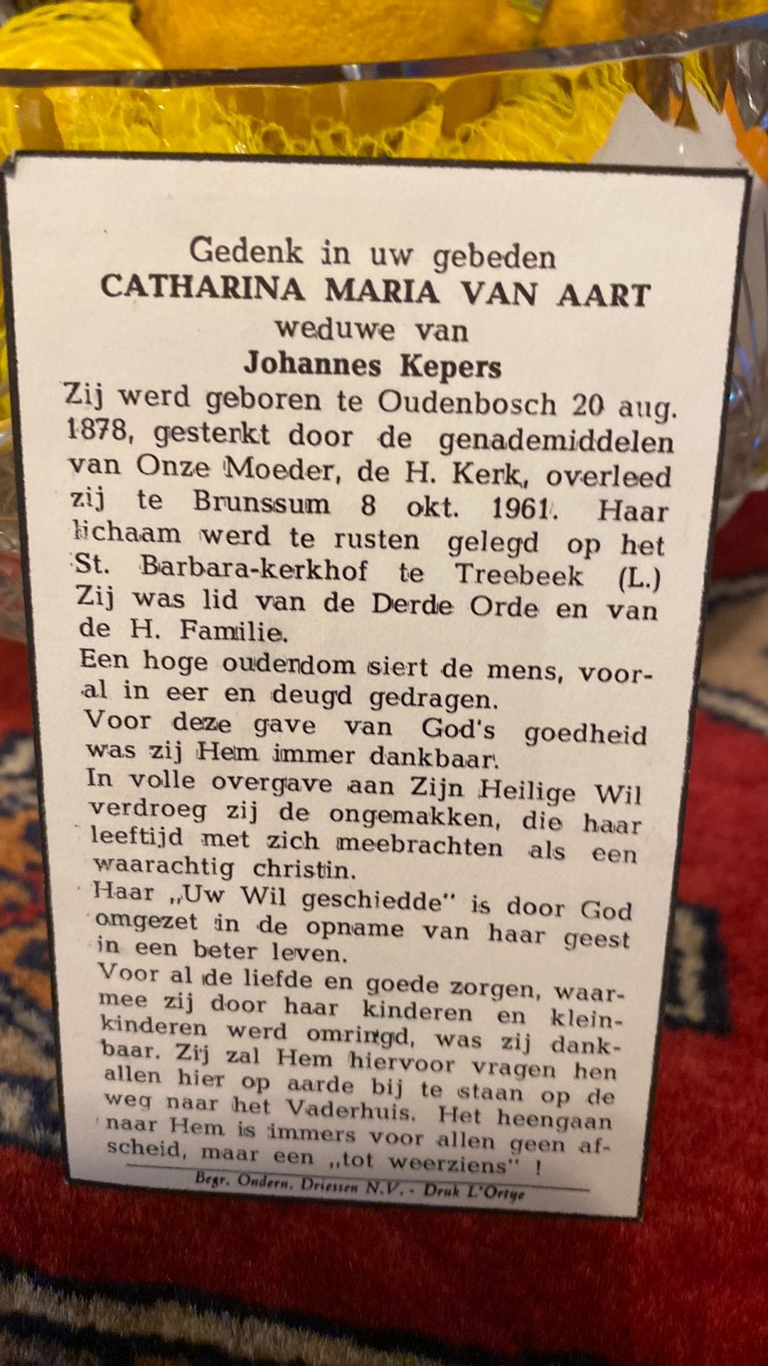 CM Kepers - van Aart 1878 Oudenbosch 1961 Brunssum, Ophalen of Verzenden