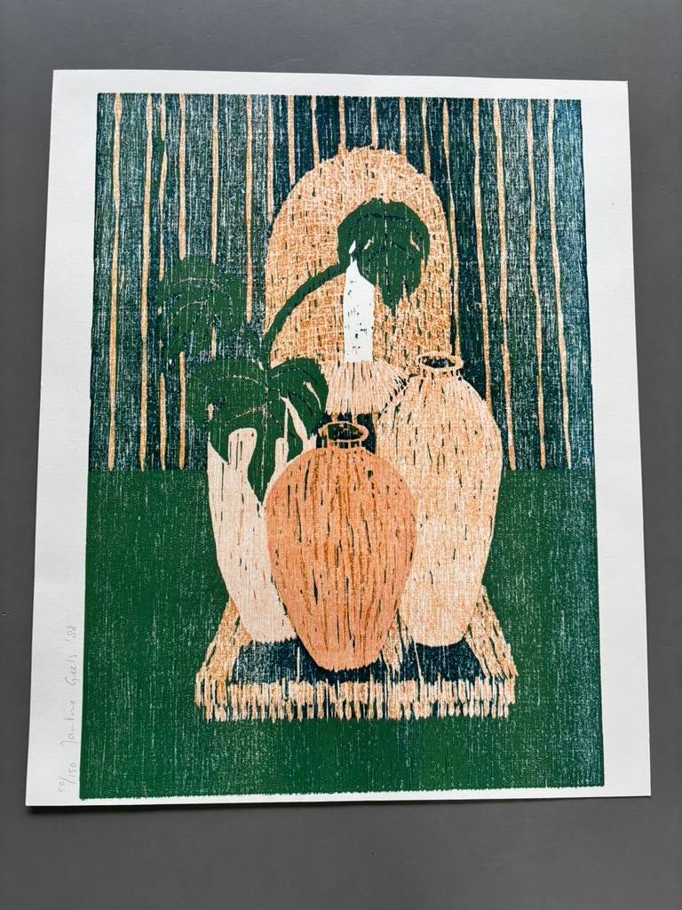 Linosnede/houtdruk,stilleven, Jantine Geels, 1988, Ophalen of Verzenden