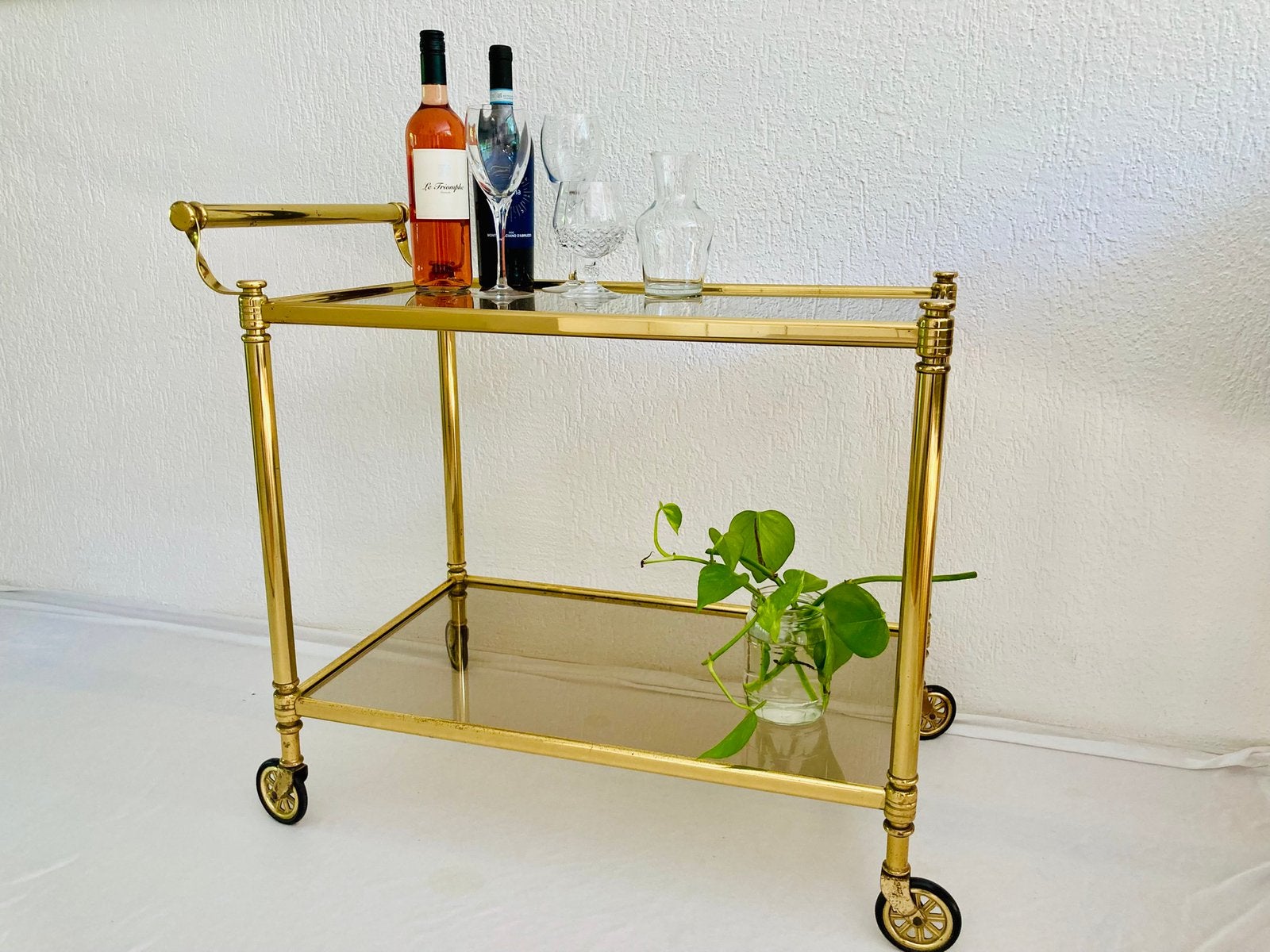Vintage messing bijzettafel bar cart serveerwagen, Huis en Inrichting, Ophalen, Minder dan 55 cm, Metaal of Aluminium, Zo goed als nieuw