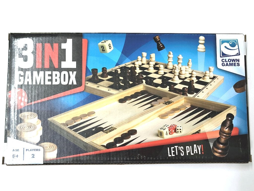 3-In-1 Houten Spellendoos, Clown Games, Een of twee spelers, Nieuw, Ophalen of Verzenden
