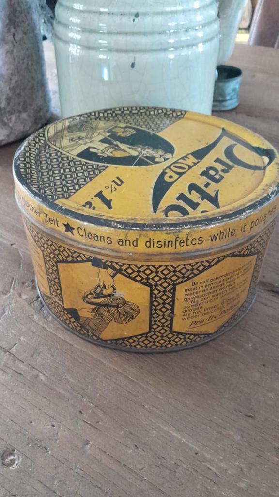 Antiek Pra-tic Mop Blik Jaren '20-'30 - 4 Talen, Verzamelen, Blikken, Ophalen of Verzenden
