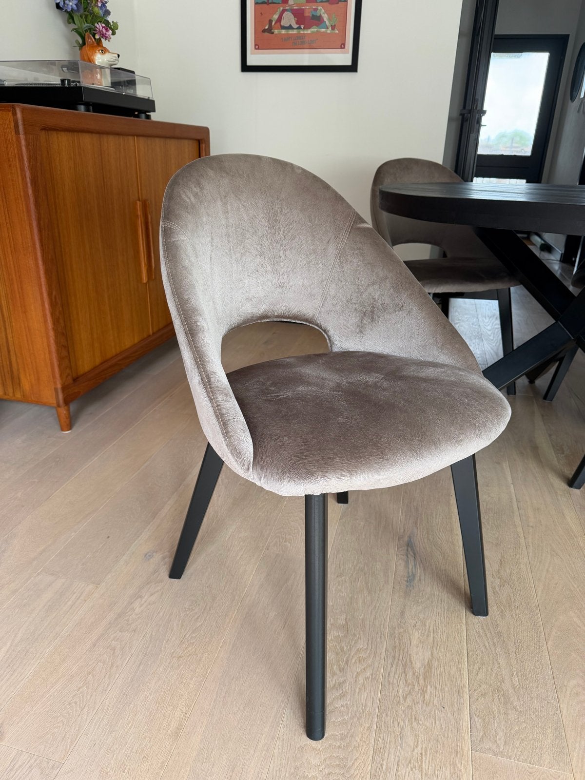 Mangohouten eettafel met 4 suède eetkamerstoelen, Ophalen, Gebruikt, 50 tot 100 cm, 100 tot 150 cm