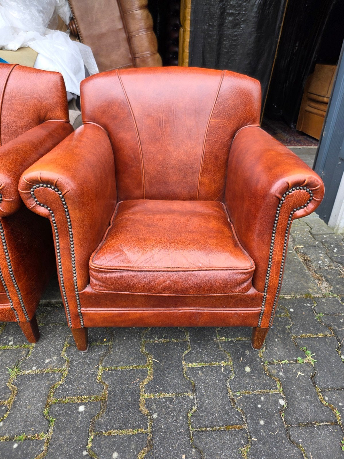 2x Chesterfield fauteuil cognac klassiek leer, Huis en Inrichting, Gebruikt, Art deco, ., Ophalen of Verzenden