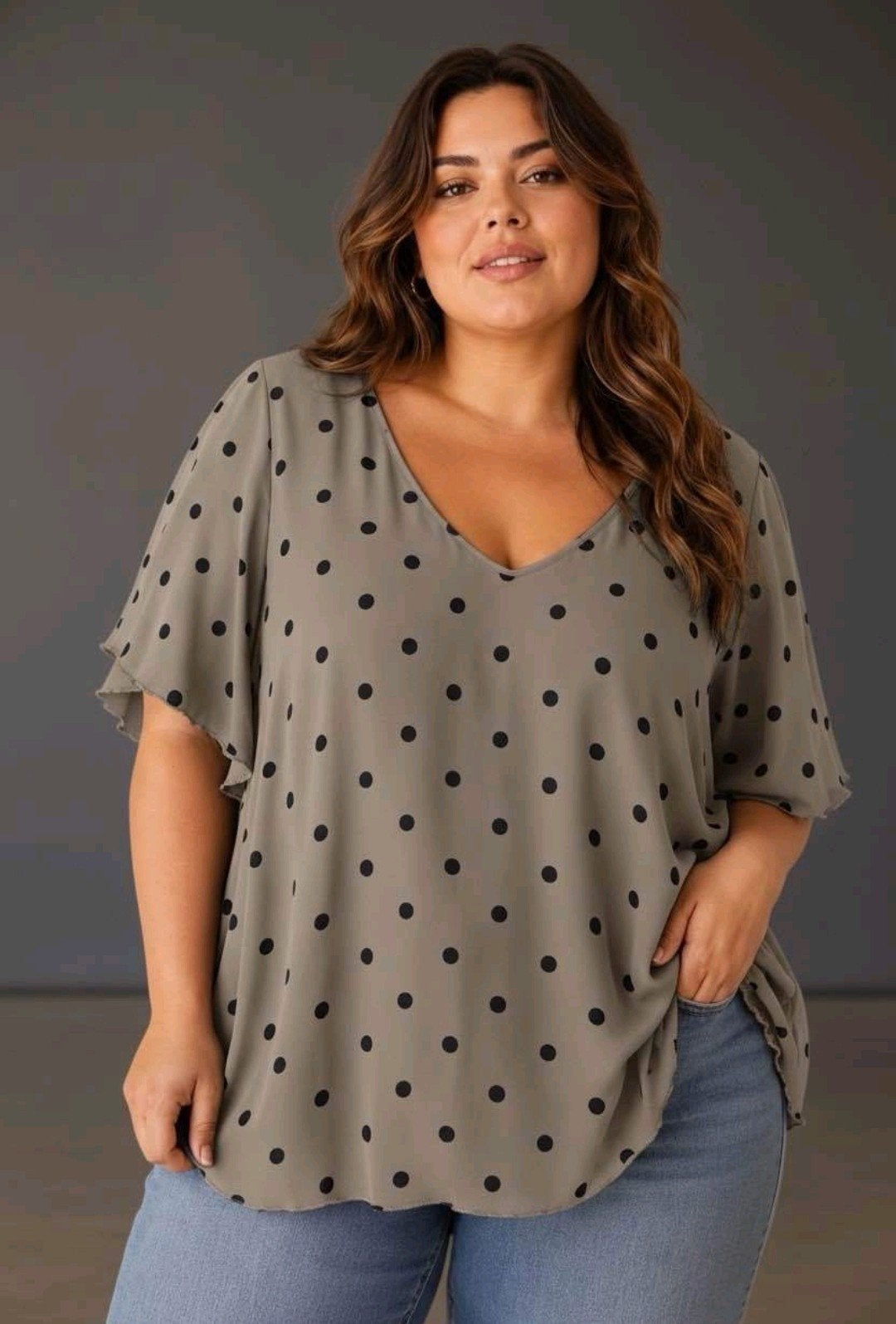 Taupe luchtig A-lijn tuniek met polkadot print Maat 46/48, G, G, Maat 46/48 (XL) of groter, Nieuw