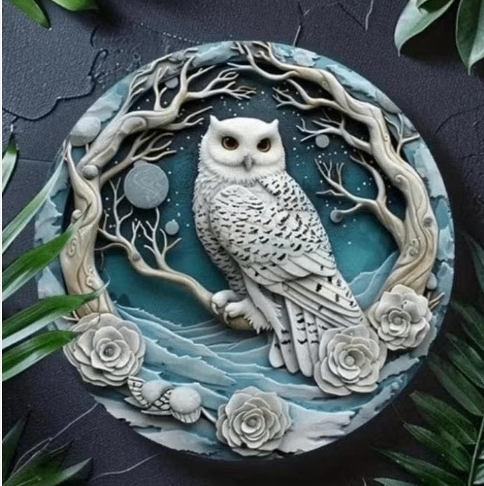 Vintage rond metalen bord Witte Uil (20cm), Ophalen of Verzenden, Nieuw