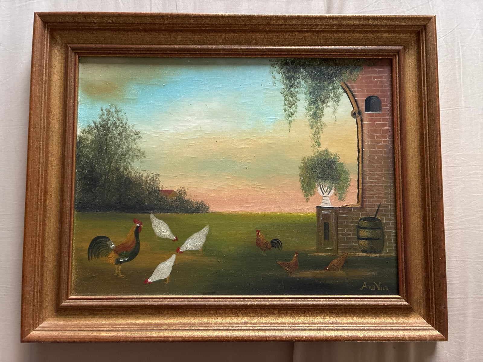 Sfeervol Schilderij: Boerenerf met Kippen en Haan, Doek, Realistisch, Dieren, Ophalen of Verzenden