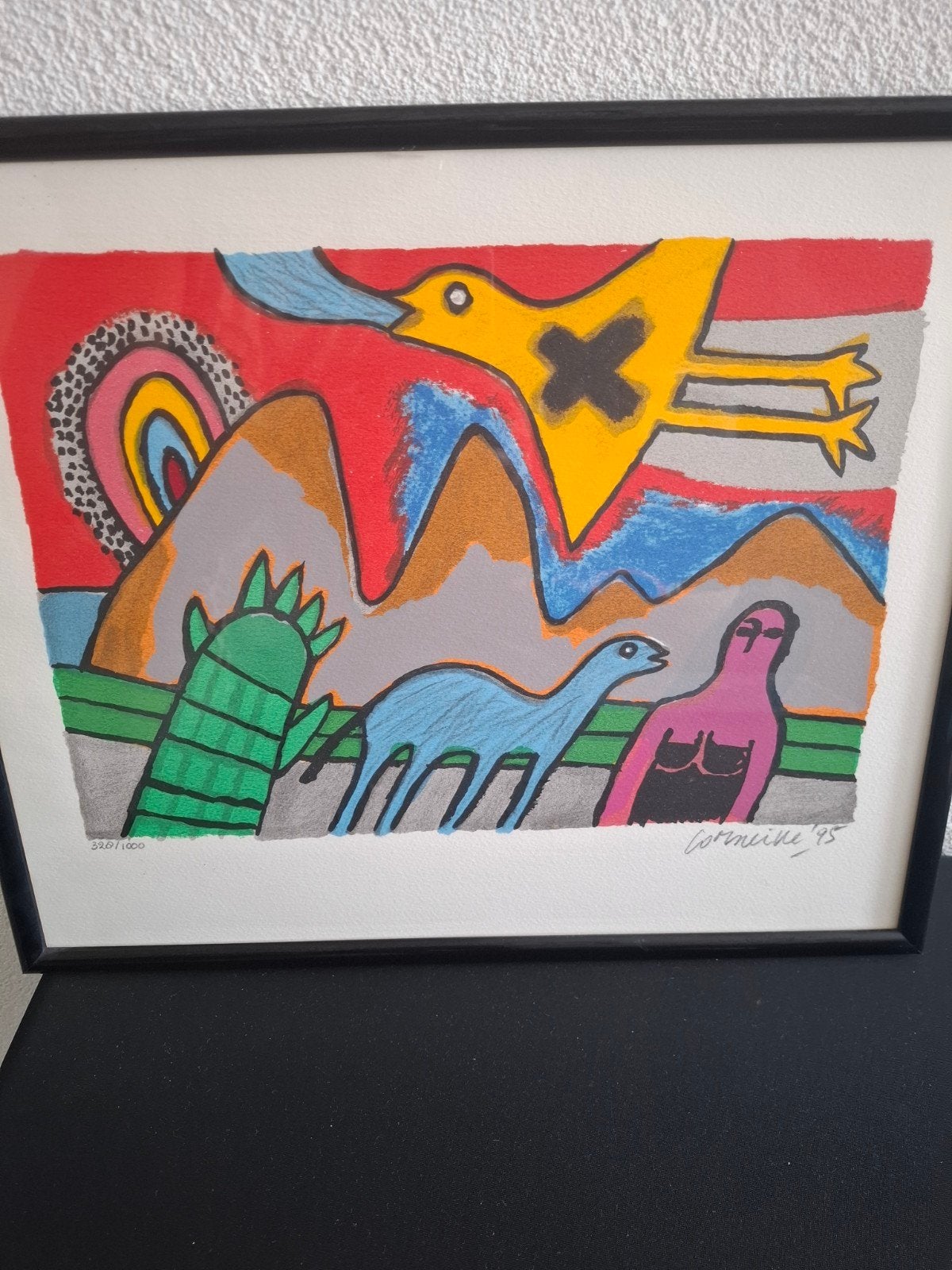 Corneille '95 - Kleurrijke Zeefdruk met Dieren en Figuur, Antiek en Kunst, Kunst | Schilderijen | Klassiek, Ophalen of Verzenden
