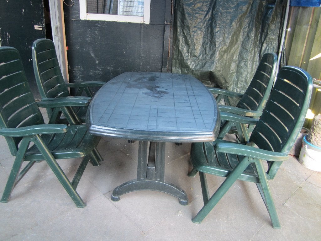 Tuinset, Kuipstoelen en kuipstoelkussens  zie vraagprijzen, Ophalen, 5 zitplaatsen, Kunststof, Gebruikt