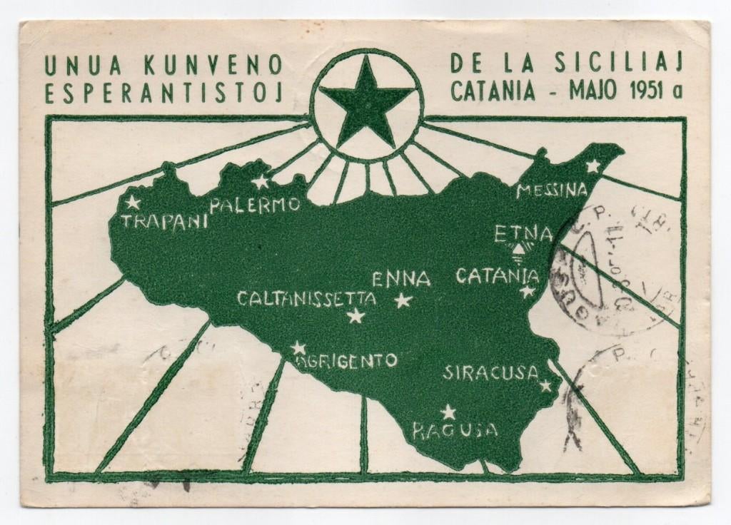 Esperanto kaart Sicilia, Verzamelen, Ophalen, 1940 tot 1960, Gelopen