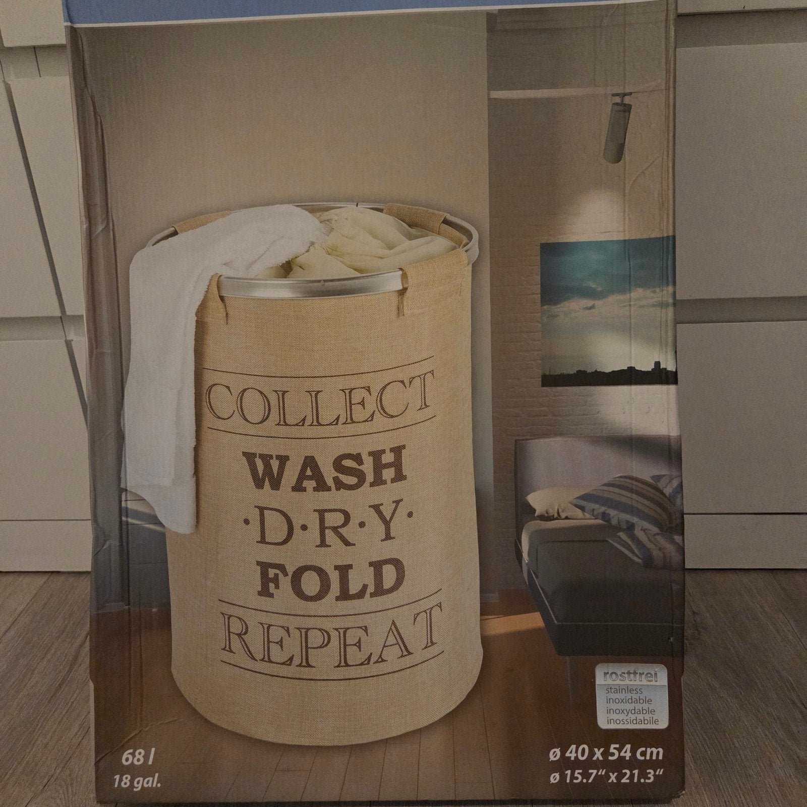 Wasmand met tekst - Collect Wash Dry Fold Repeat, Ophalen, Beige, Nieuw, Modern