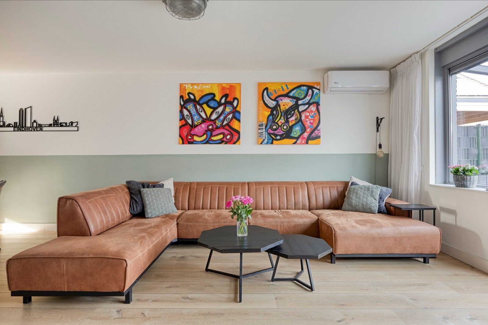 Cognac kleur hoek/ U loungebank 395 cm breed, Huis en Inrichting, Banken | Bankstellen, Ophalen, 100 tot 125 cm, Hoekbank, 300 cm of meer