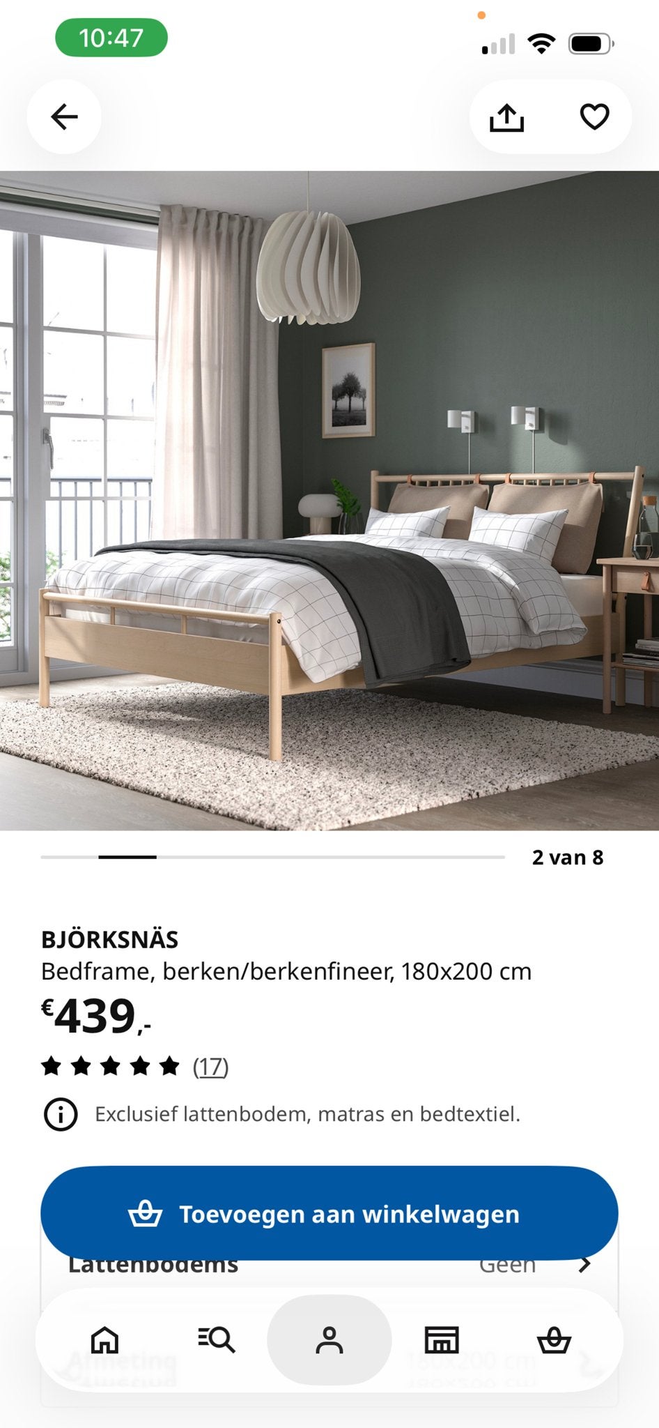 IKEA Tweepersoonsbed BJÖRKSNÄS met VÅGSTRANDA matras 180x200, Ophalen, Tweepersoons, Zo goed als nieuw, 180 cm