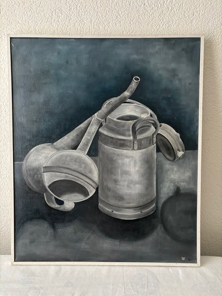 Olieverf schilderij stilleven met gieter en melkbus, Ophalen