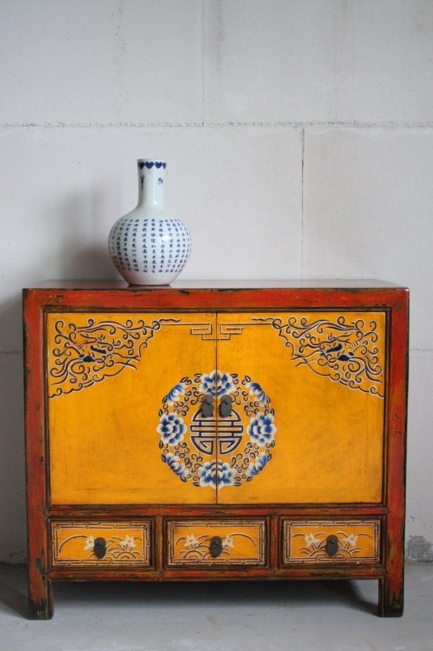 Kleurrijk Oosters Dressoir Beschilderde Aziatische Kast Boho, Nieuw, 3 of 4 laden, Minder dan 100 cm, Kleurrijk Uniek Bohemian Landelijk Vintage Werelds Stoer Oosters