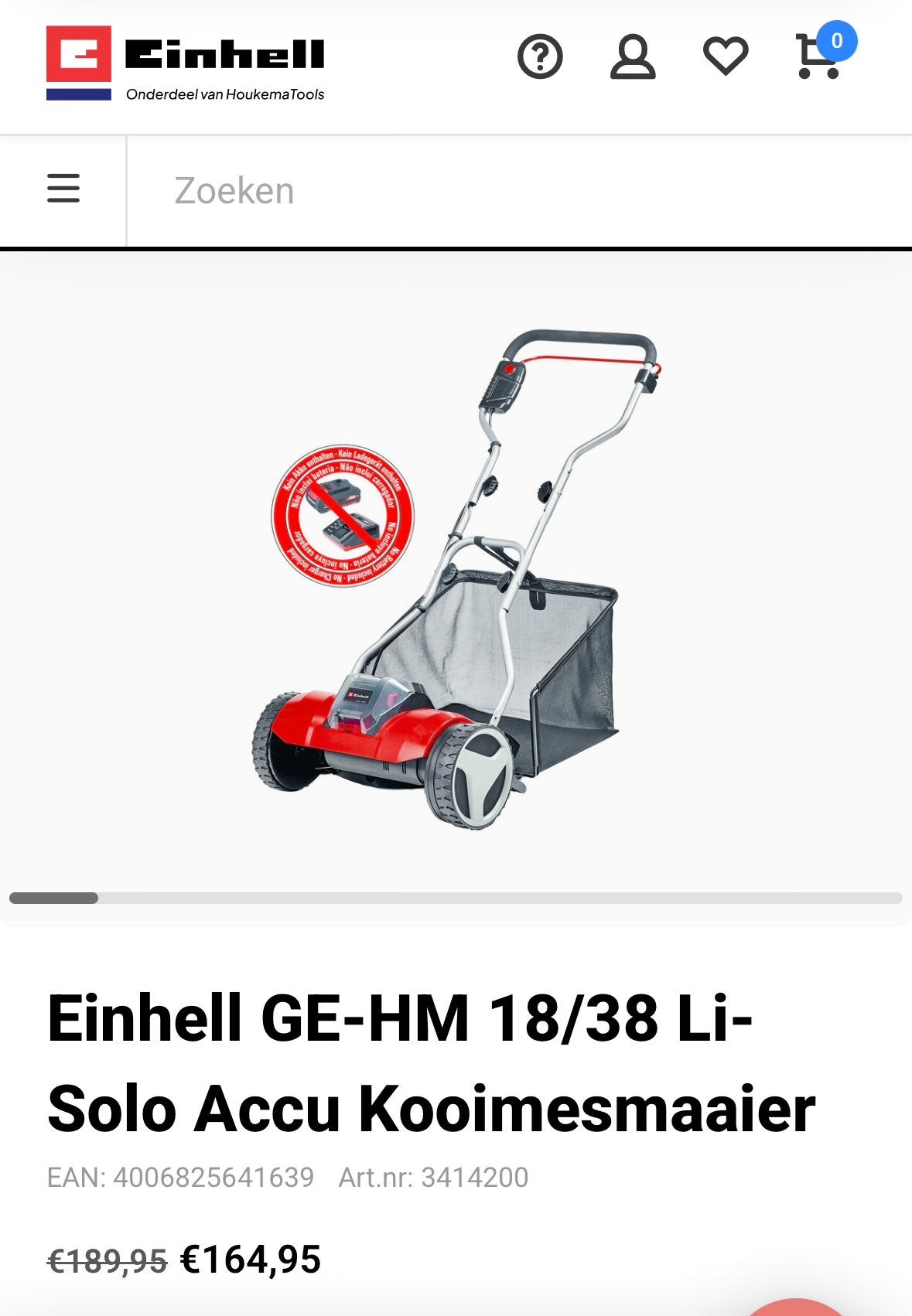 Einhell Accu Grasmaaier GE-HM 18/38 Li-Solo met lader, Ophalen, Accu-grasmaaier, Zo goed als nieuw, Opvangzak