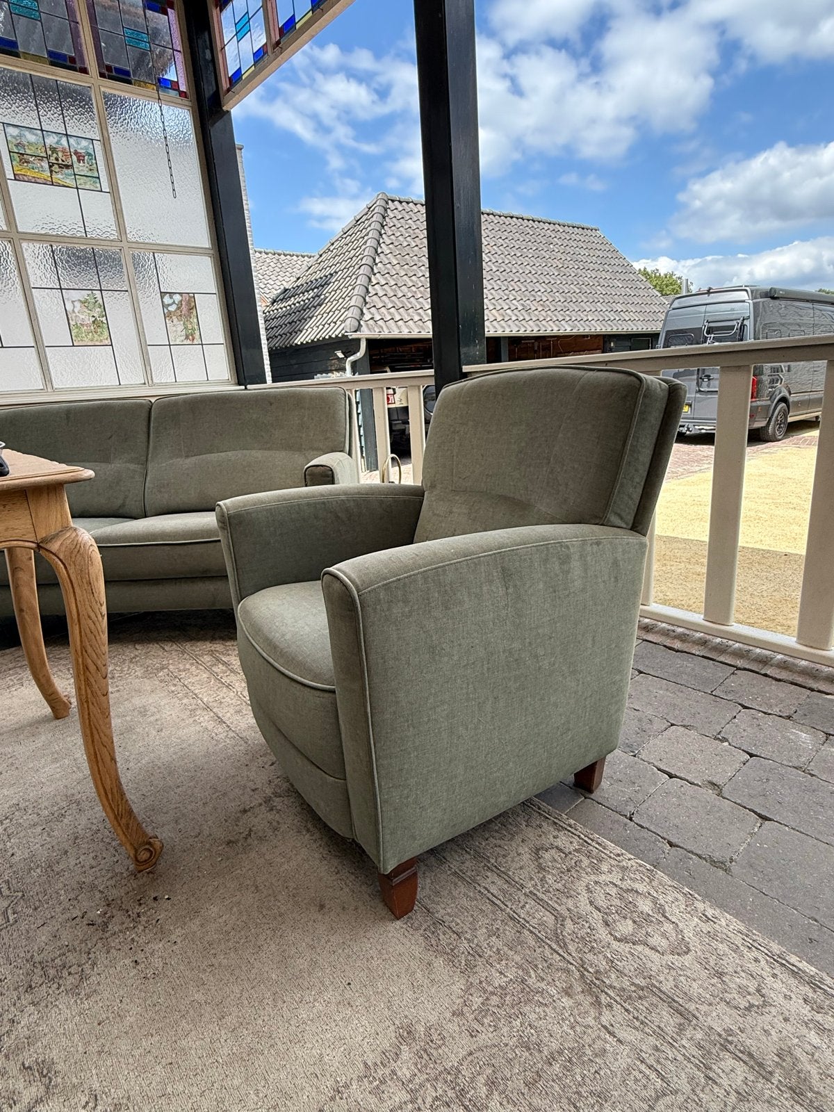 Comfortabele 2-zitsbank en fauteuil in groen, Ophalen, Gebruikt, 150 tot 200 cm, Tweepersoons