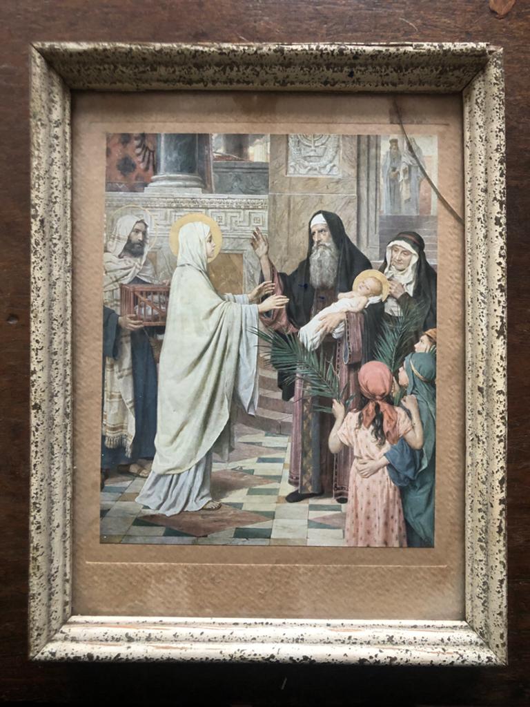 Oude religieuze voorstelling Maria en Jezus in tempel, Ophalen of Verzenden