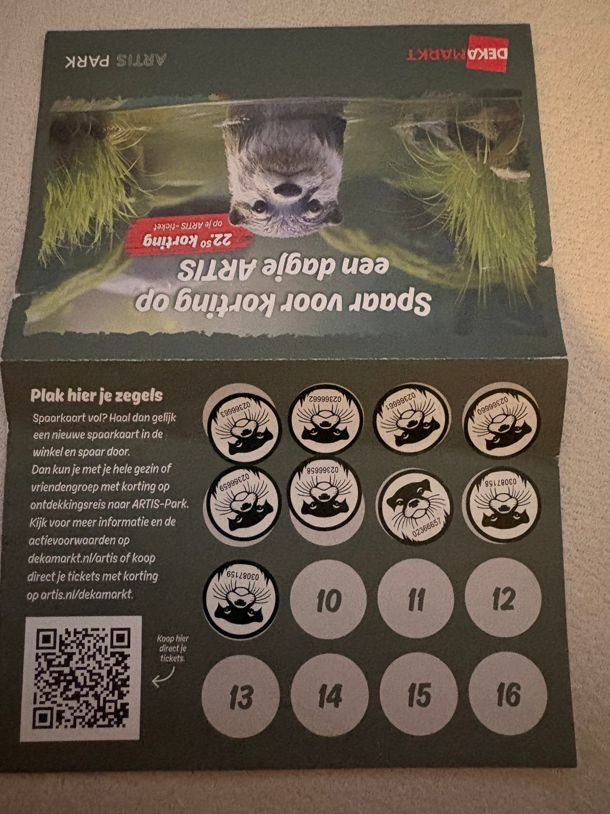 Artis spaarkaart met 9 zegels, Eén persoon, Ticket of Toegangskaart