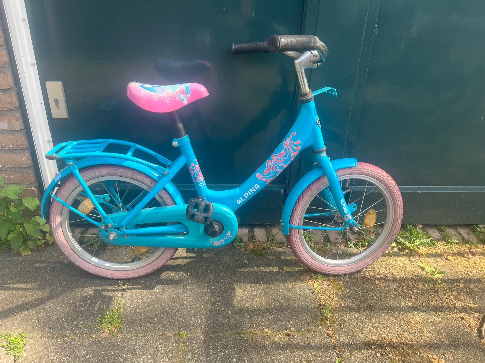 Alpina kinderfiets 16 inch - Blauw met roze accenten, Ophalen, Gebruikt, Terugtraprem, 16 tot 20 inch
