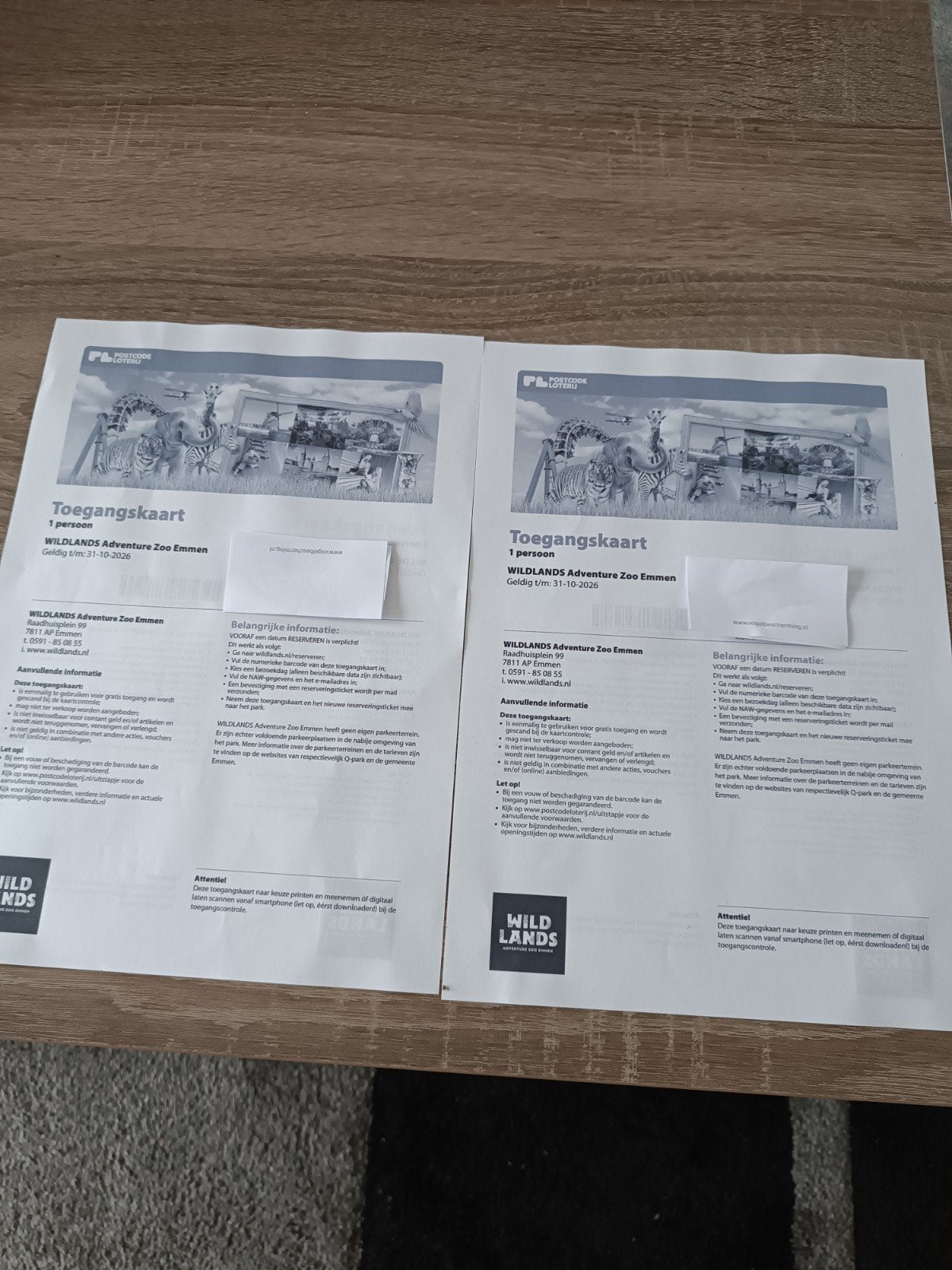 2 toegangsbewijzen dierenpark WILDLANDS Emmen, Tickets en Kaartjes, Twee personen, Ticket of Toegangskaart