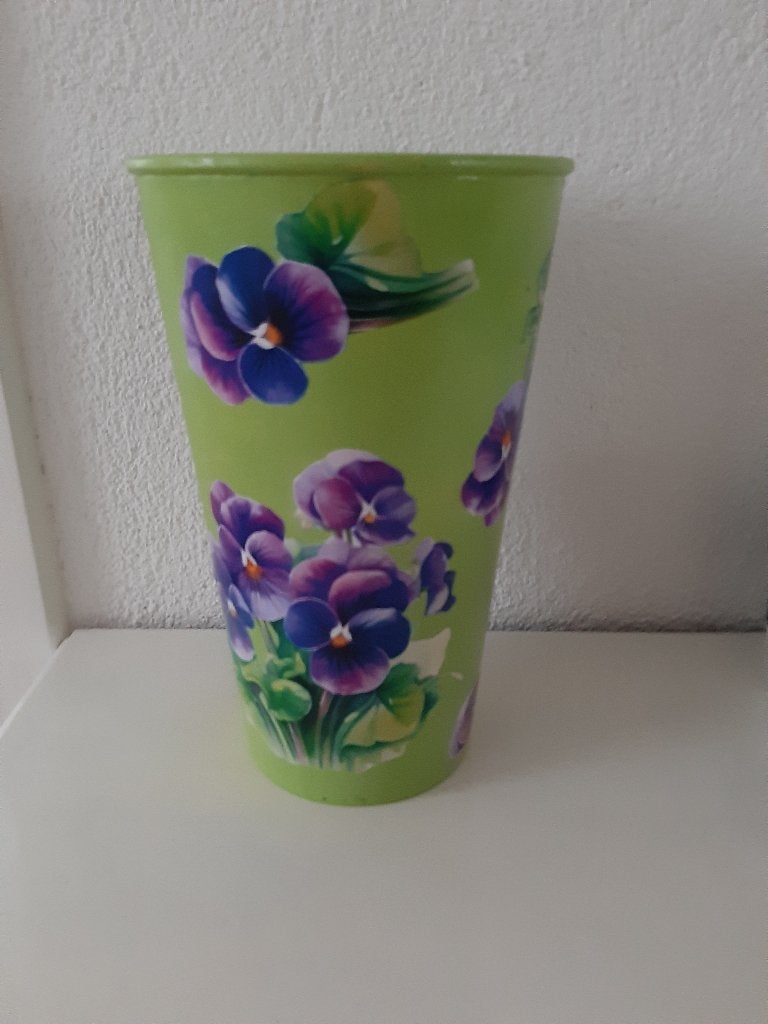 grote aparte groene bloempot / vaas - decoupage - violen, Ophalen, Rond, Binnen, Zo goed als nieuw