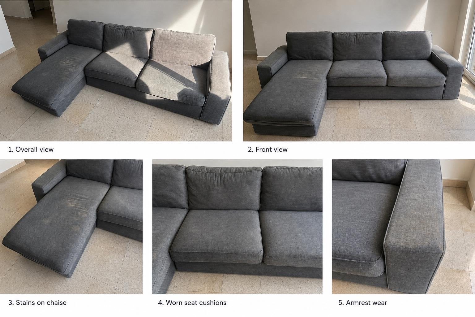 Grijze hoekbank met chaise longue - Gebruikt, Huis en Inrichting, Banken | Bankstellen, Ophalen, 250 tot 300 cm, Gebruikt, Hoekbank