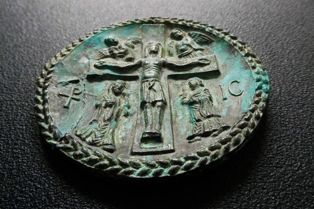 Bronzen icoon plaquette hanger afbeelding kruisiging Jezus, Ophalen of Verzenden