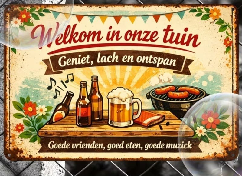 Bord " Welkom in onze tuin " Geniet lach en ontspan, Tekstbord, Metaal, -, Verzenden