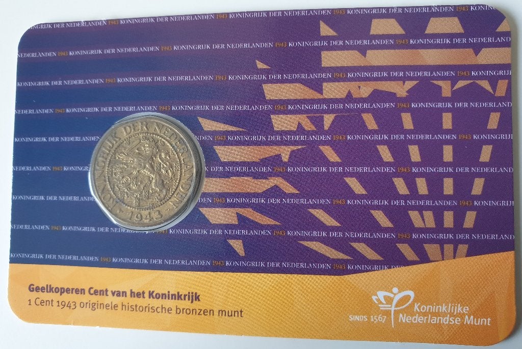 Geelkoperen 1 cent 1943 in coincard, Verzenden, Koningin Wilhelmina, 1 cent, Losse munt