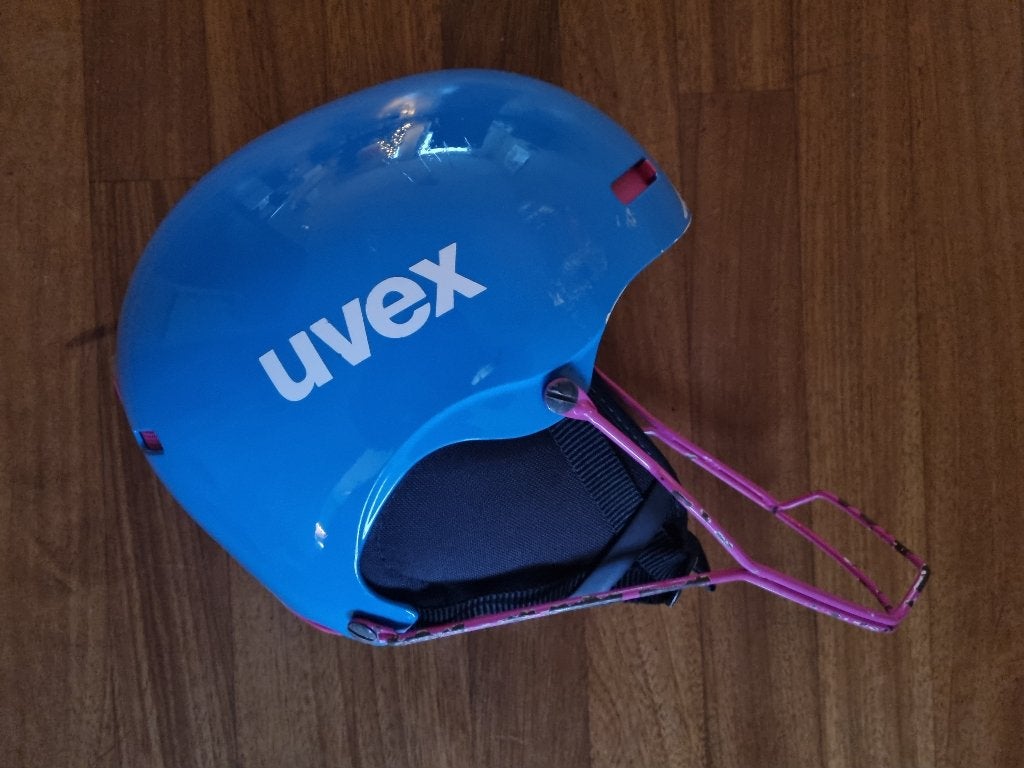 Uvex skihelm, met beugel, 52-55 cm, blauw, 140 tot 160 cm, Zo goed als nieuw, Carve, Kleding