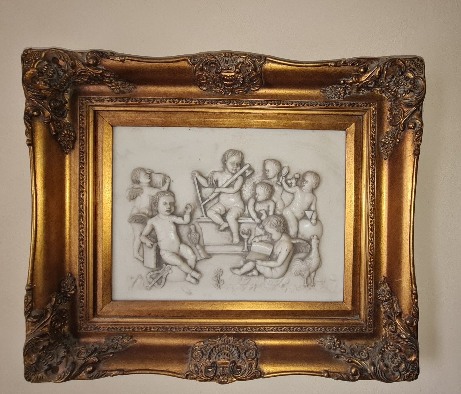 Romantisch Barok Putti Reliëf in Gouden Lijst, Ophalen