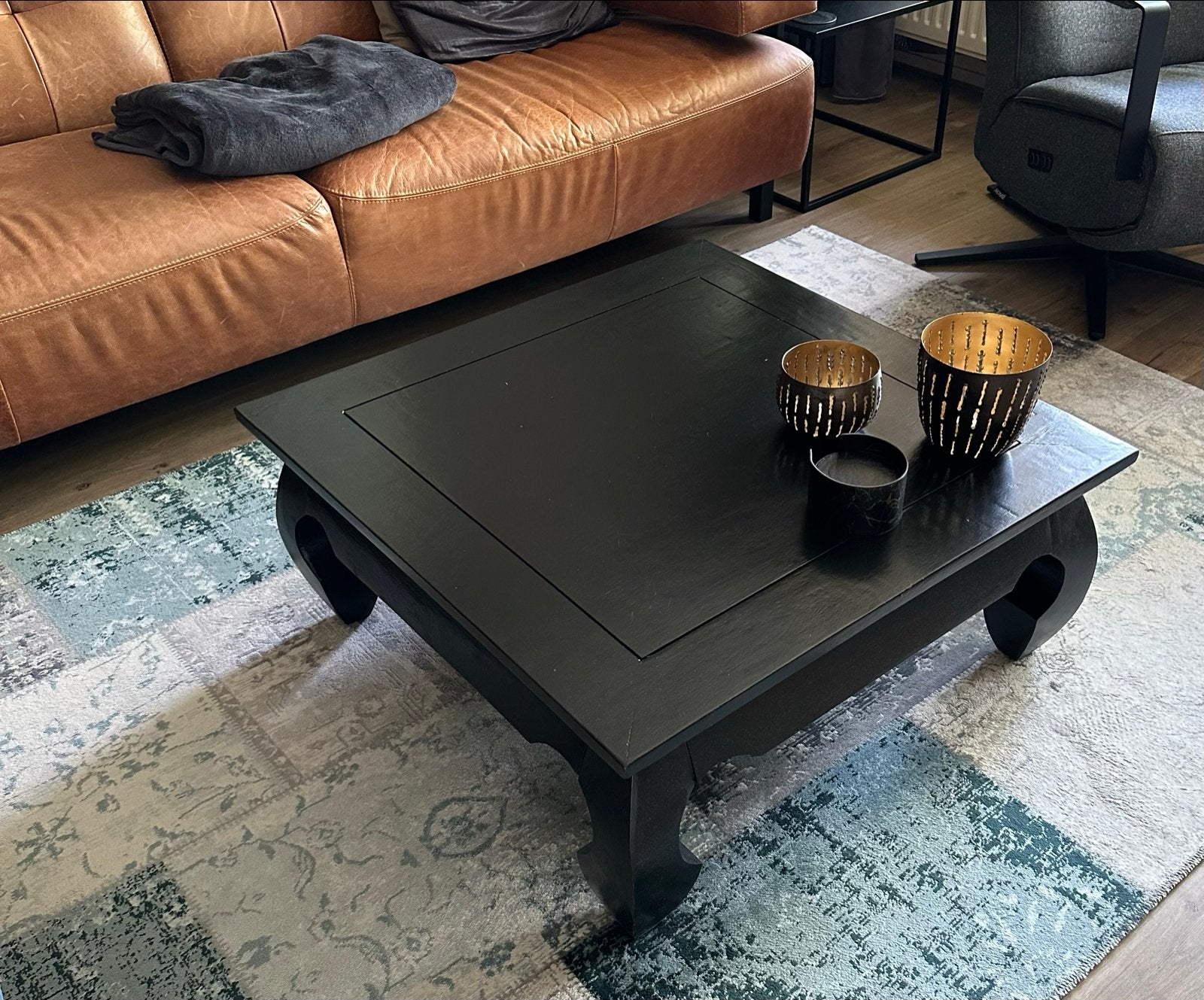 Massief Houten Antieke Opium Salontafel Zwart, Ophalen, Gebruikt, 100 tot 150 cm, Vierkant