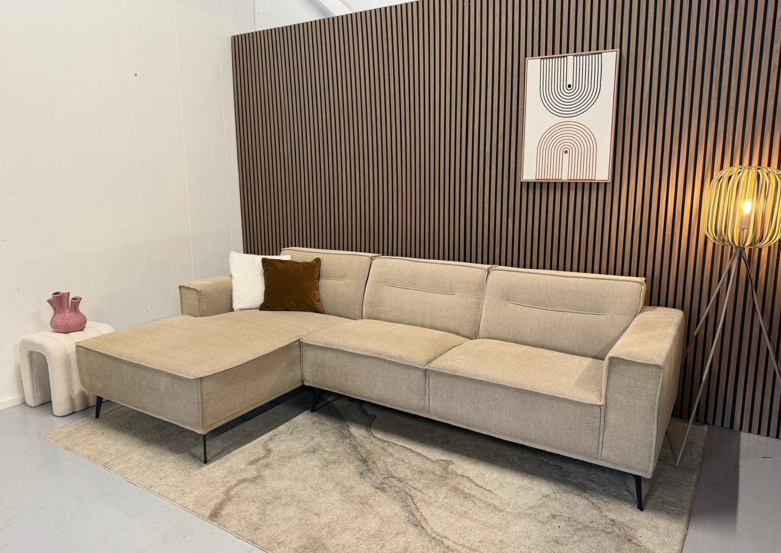 Hoekbank - Beige - Zeer Nette Staat - Velours, Ophalen of Verzenden, Zo goed als nieuw, 150 cm of meer, Vierpersoons of meer