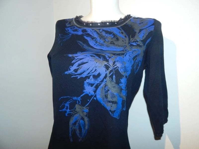 Marccain prachtig truitje paarse print bloem zijde randje N4, Kleding | Dames, T-shirts, Maat 38/40 (M), Zo goed als nieuw, Lange mouw
