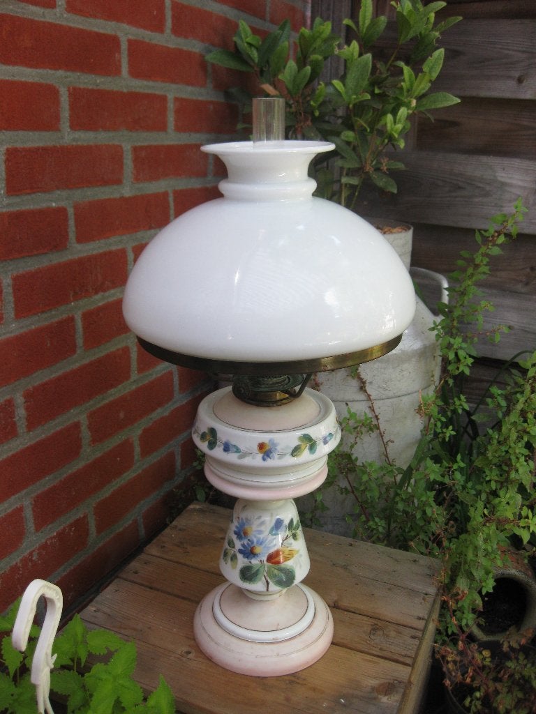 Opaline Olielamp Melkglas Handbeschilderd Antiek, Ophalen
