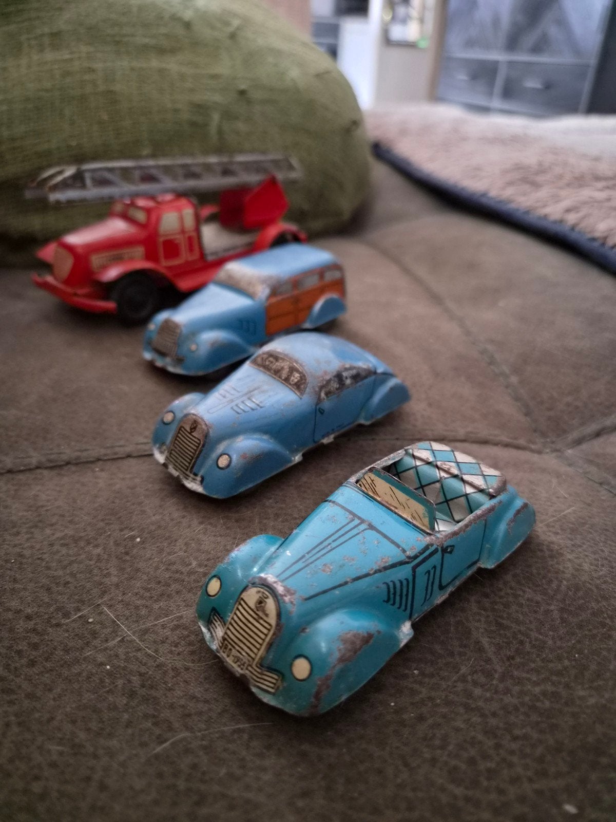 Vintage blikken speelgoedauto's en brandweerwagen, Ophalen of Verzenden, Gebruikt