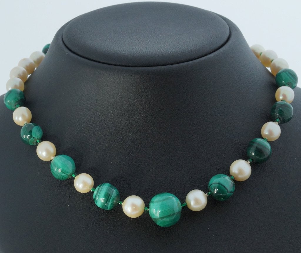Malachiet parel edelsteen ketting 18k slot goud dames retro, Voordeelsieraden, Verzenden, Zo goed als nieuw, Met edelsteen
